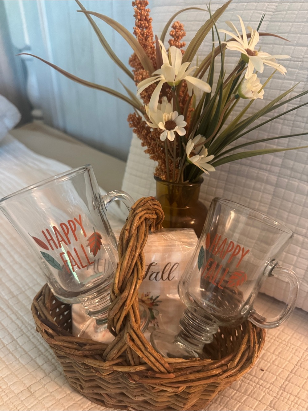 Festive 'Happy Fall' Glass Mug Set with Wicker Gift Basket and Napkins